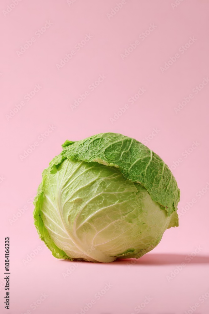 Fototapeta premium A whole green cabbage with its leaves, set against a pink background. Concept Vegetable still life, Green cabbage close-up, Pink backdrop, Fresh produce photography, Textured leaves