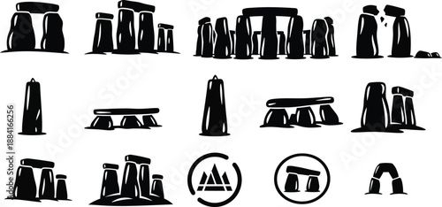 Stonehenge prehistoric monument large, upright stone slabs, or megaliths symbol for ancient history and heritage vector icons collection. 