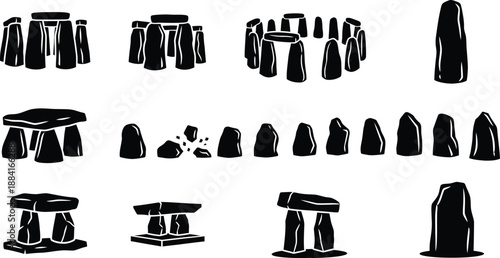 Stonehenge prehistoric monument  large, upright stone slabs, or megaliths symbol for ancient history and heritage vector icons collection. 