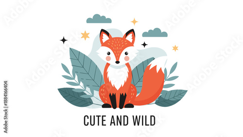 Adorable orange fox sitting among large green leaves under a starry night sky with the text Cute and Wild below.
