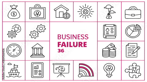 Collection of Comprehensive Business Failure, Financial Loss, and Economic Crisis Line Icons