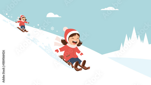 Happy children wearing warm winter clothes sliding down a snowy hill on sleds in a beautiful mountain landscape.