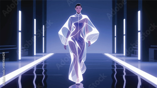 Illustration Of Fluid-Shaped Clothing In Changing Light, Futuristic Runway With Minimalist Lights Vector Design Template