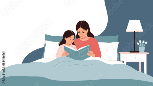 Loving mother reading a bedtime story to her young daughter in bed under the warm glow of a classic bedside lamp.
