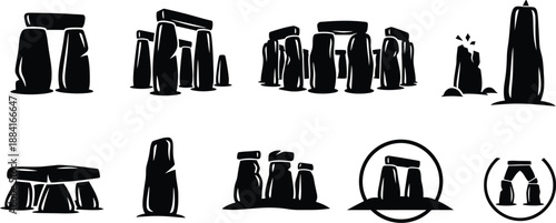 Stonehenge prehistoric monument  large, upright stone slabs, or megaliths symbol for ancient history and heritage vector icons collection. 