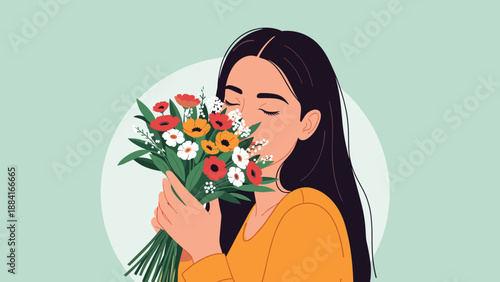 Serene woman with long dark hair closing her eyes and smelling a vibrant bouquet of wildflowers in her hands.