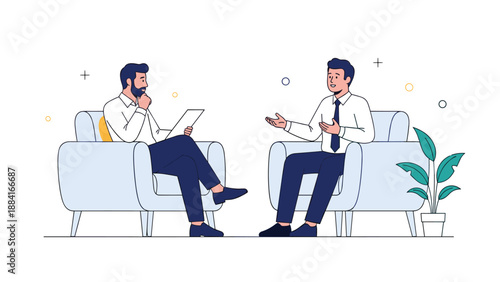 Two professional businessmen engaged in a conversation while sitting in comfortable armchairs in an office setting.