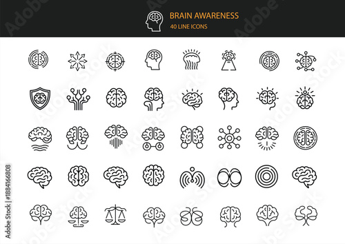 Brain Awareness 40 Line Icons Set On White Background Keywords: brain, awareness, icon, set