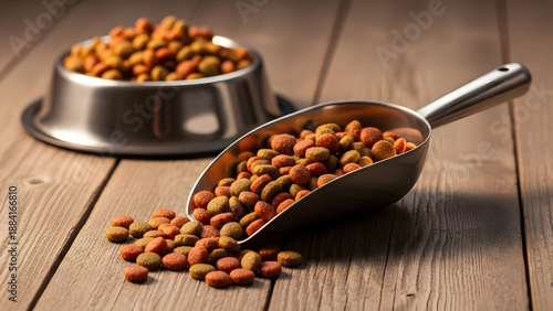 Wallpaper Mural A scoop and bowl of dry cat food on a wooden table Torontodigital.ca