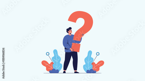 Puzzled man in a blue shirt holding a large orange question mark symbol while standing in a stylized garden park.