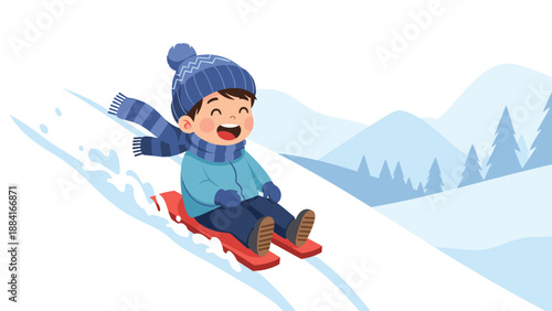 Joyful young boy in winter gear sliding down a snowy mountain slope on a red sled during a bright sunny winter day.