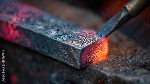 Close-up of heated damascus steel bar being worked on in blacksmith workshop