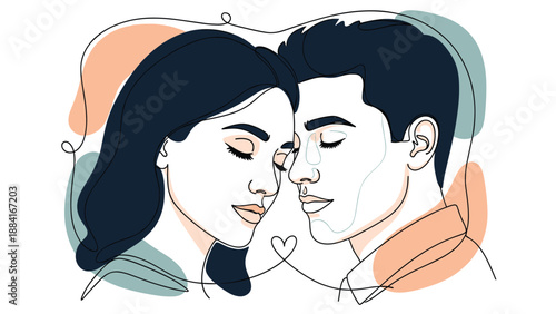 Artistic continuous line drawing of a man and woman with their foreheads touching over a colorful abstract background.