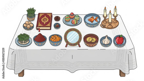 Traditional shabbat dinner table setting with food candles and ritual objects on white tablecloth