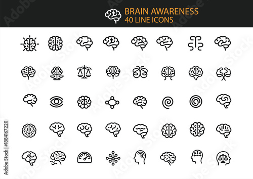 Brain Awareness 40 Line Icons Set On White Background Keywords: brain, awareness, icon, set