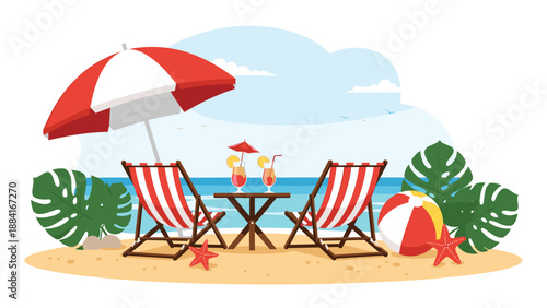 Relaxing summer beach scene with two striped deck chairs, a red umbrella, tasty tropical drinks, and a beach ball.