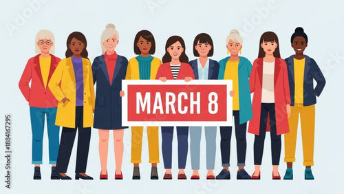 Diverse group of women holding march 8 sign celebrating international women's day with solidarity and empowerment