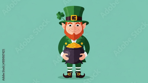 St patrick's day leprechaun holding gold coins in pot green hat and clothes festive luck symbol