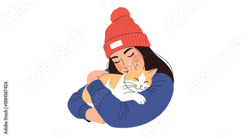 Affectionate young woman in a winter hat and blue sweater sharing a warm embrace with her happy little orange cat.