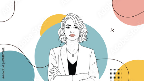 Confident professional woman with short blonde hair wearing a white blazer against a colorful geometric background.