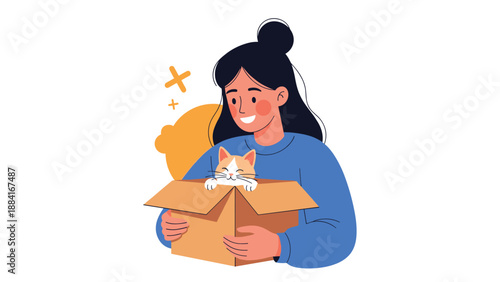 Delighted young woman smiling while opening a cardboard shipping box to find a surprise cute orange kitten inside.