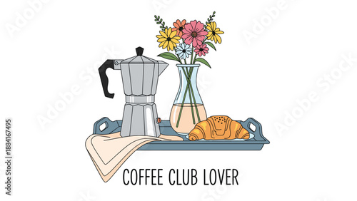 Classic European breakfast tray featuring a moka pot, fresh croissant, and a vase of colorful spring wildflowers.