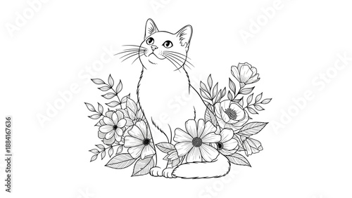 Elegant black and white line art illustration depicts a graceful cat sitting peacefully surrounded by a beautiful bouquet of flowers.