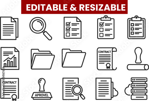 Office administration and document management icons set with files folders and approval stamps