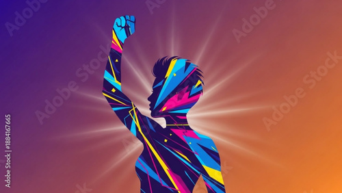 Vibrant person with arm raised in triumph against colorful sunset background with rays of light