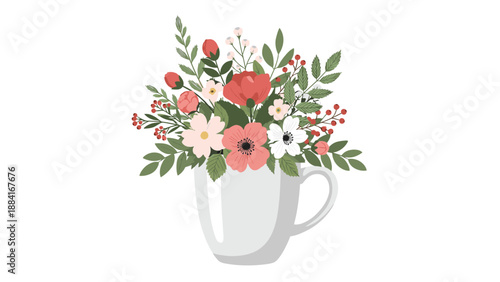 Beautiful bouquet of pink and white flowers with green leaves is arranged inside a simple white ceramic mug for a refreshing still life.