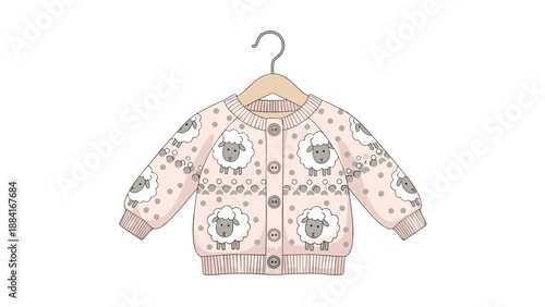 Adorable pink knitted baby cardigan featuring a cute sheep pattern is shown hanging on a small wooden clothes hanger for a nursery theme.