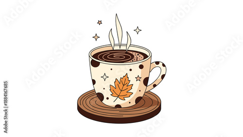 Steaming cup of hot coffee or cocoa decorated with a brown autumn leaf and twinkling stars sits on a rustic wooden coaster platform.