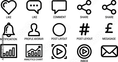 Comprehensive set of communication and social media user interface line icons including analytics engagement and networking symbols