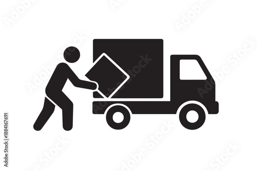 Box Loading Icon – Minimal Silhouette Vector of Person Pushing Package into Delivery Truck