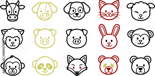 Set of animal heads line icons including domestic and wild creatures cow pig dog cat sheep bunny monkey panda fox bear