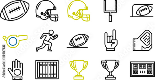 Set of American football sport equipment icons including ball helmet goal post and uniform items