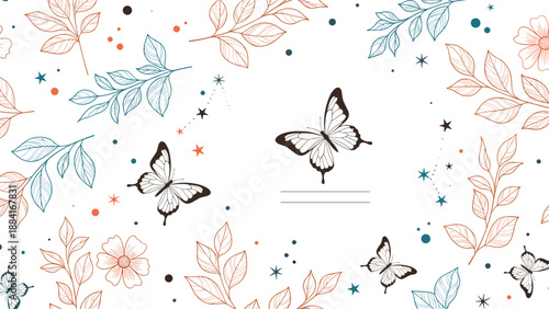 Sophisticated pattern design features delicate butterflies, botanical leaves, and golden stars scattered across a clean white background.