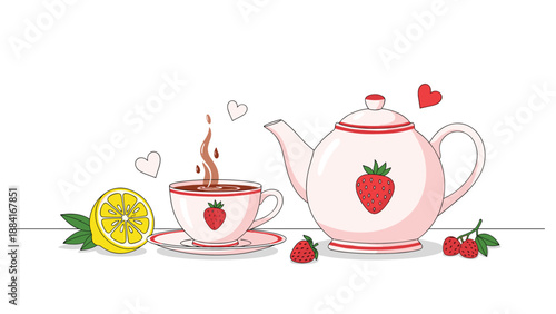 Charming tea set illustration includes a teapot and cup decorated with strawberries alongside a fresh lemon and sweet raspberries.