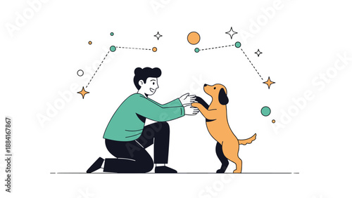Happy man kneels on the ground to give a high five to his pet dog while a beautiful constellation pattern shines in the sky above them.