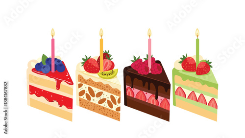 Selection of four delicious cake slices featuring different flavors like strawberry and blueberry each topped with a burning candle.