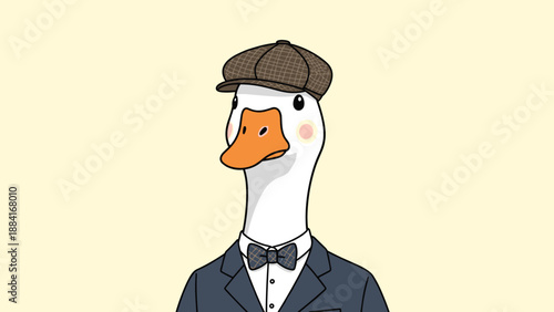 Illustration of a sophisticated white goose dressed in a formal suit with a bowtie and a classic brown flat cap for a unique look.