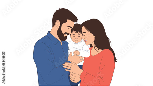 Beautiful portrait of a happy family shows a mother and father smiling warmly as they embrace their young child together in love.