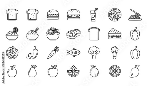 Food line vector icons set for meals and ingredients isolated on white