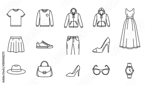 Fashion and clothes line vector icons set for trendy apparel design