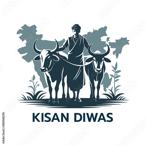 a stylized depiction of an indian farmer with a pair of oxen set against a map of india honoring kisan diwas