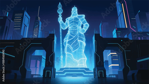 Ilustrasi Patung raksasa seperti guardian, tapi terbuat dari cahaya padat dan garis digital, berdiri menjaga gerbang kota futuristik.eps