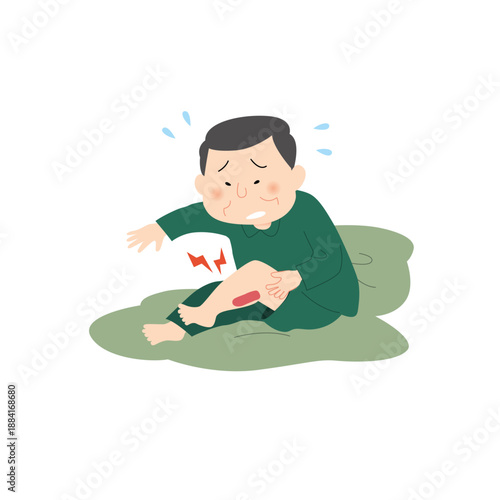 夜中にこむら返りで痛がるシニア男性のイラスト