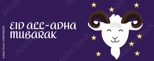 Eid al-Adha Mubarak horizontal greeting card banner with goat and stars, Islamic holiday illustration
