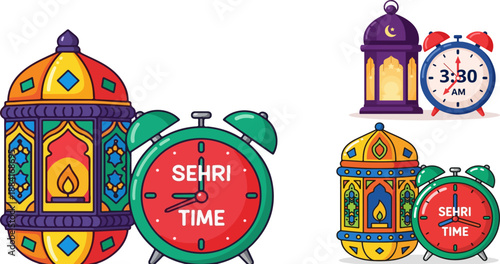 Decorative colorful lanterns paired with alarm clocks indicating sehri time for suhoor during the holy month of ramadan fasting observance