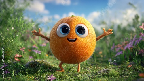 An adorable cartoon orange with a smiling expression, small arms, and legs. It's standing in a lively natural environment, exuding cheerfulness.